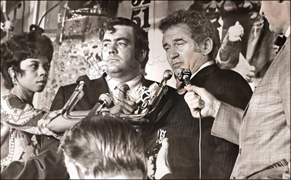 Norman Mailer and Jimmy Breslin conceding defeat after Mailer’s 1969 mayoral campaign. Photo © Mitchell Cohen (all rights reserved).