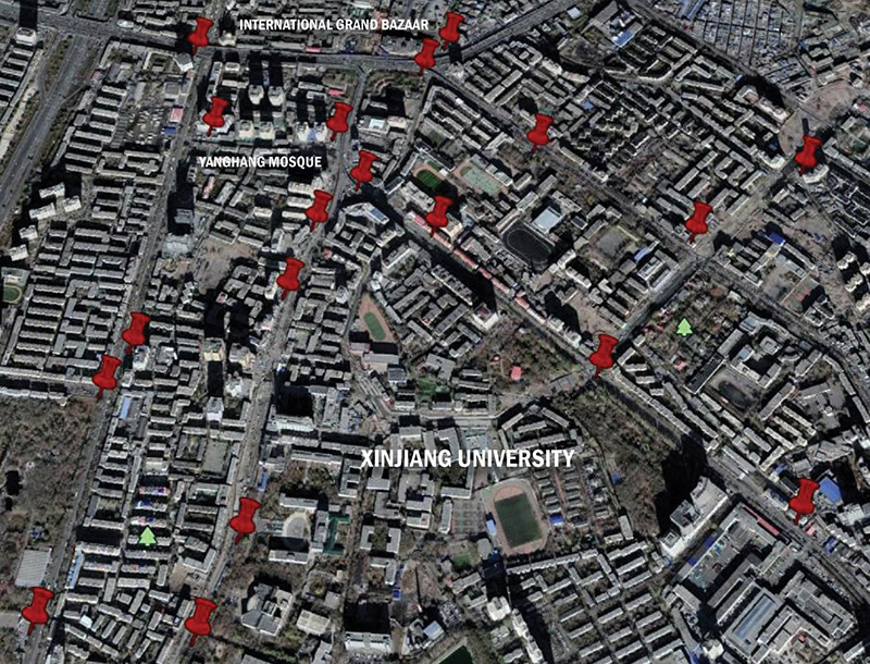 A map of convenience police stations in the center of the Uyghur district in Ürümchi (Darren Byler, with Google Earth)